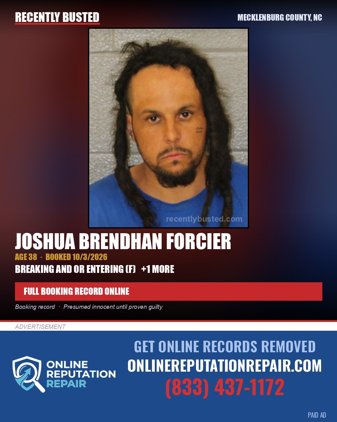 JOSHUA BRENDHAN FORCIER — arrest record card, Mecklenburg County, North Carolina