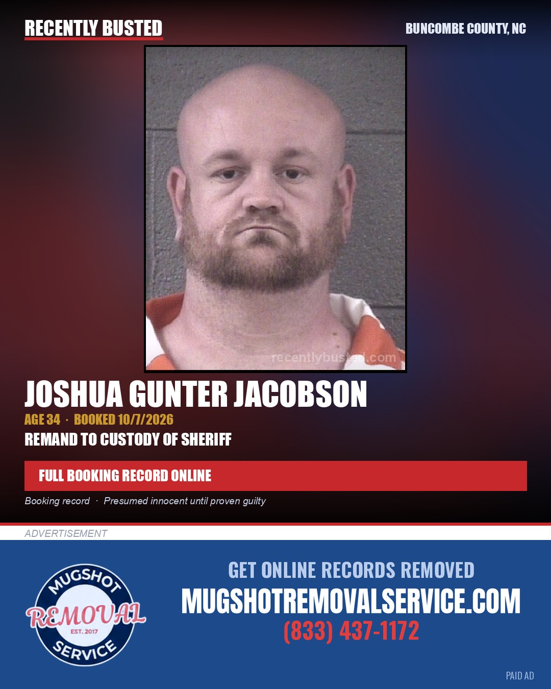 JOSHUA GUNTER JACOBSON — arrest record card, Buncombe County, North Carolina