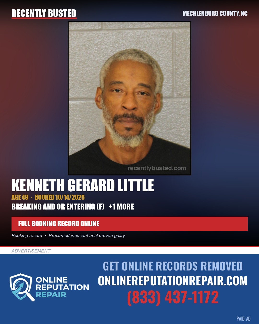 KENNETH GERARD LITTLE — arrest record card, Mecklenburg County, North Carolina