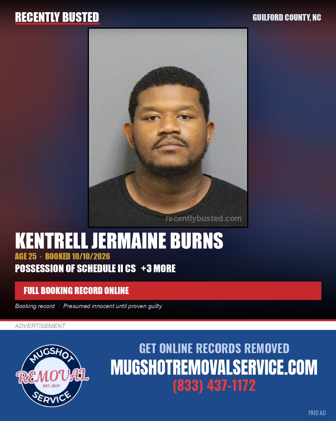 KENTRELL JERMAINE BURNS — arrest record card, Guilford County, North Carolina