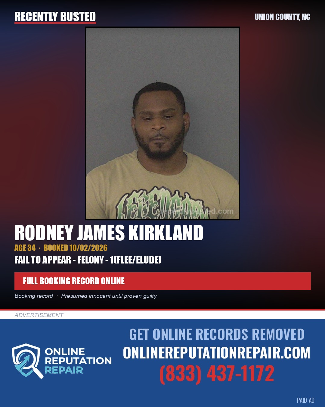 KIRKLAND, RODNEY JAMES — arrest record card, Union County, North Carolina