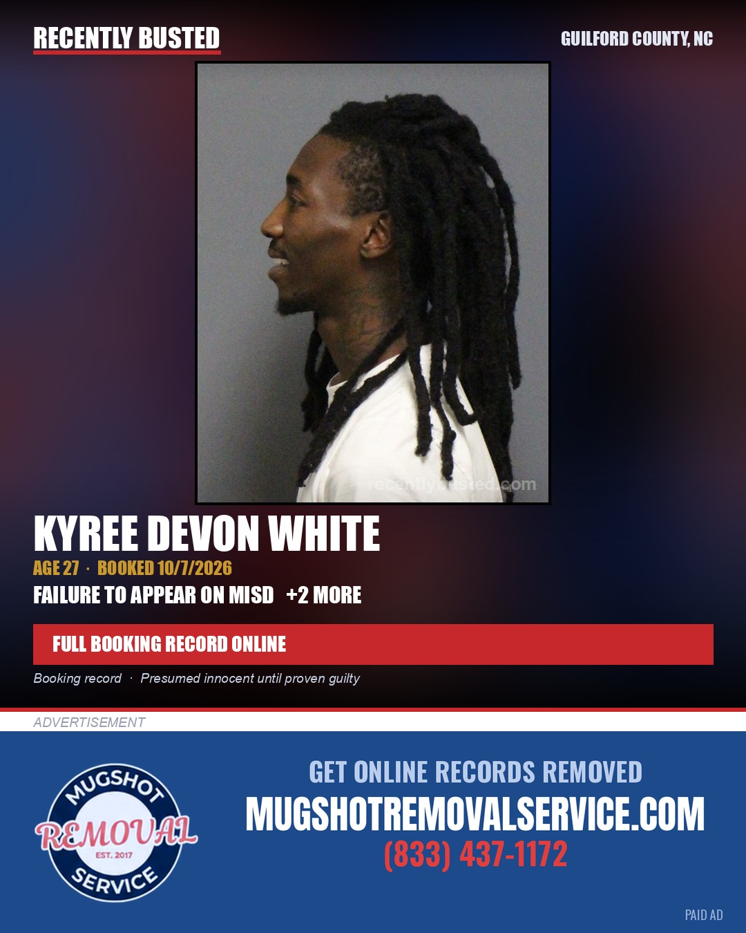 KYREE DEVON WHITE — arrest record card, Guilford County, North Carolina