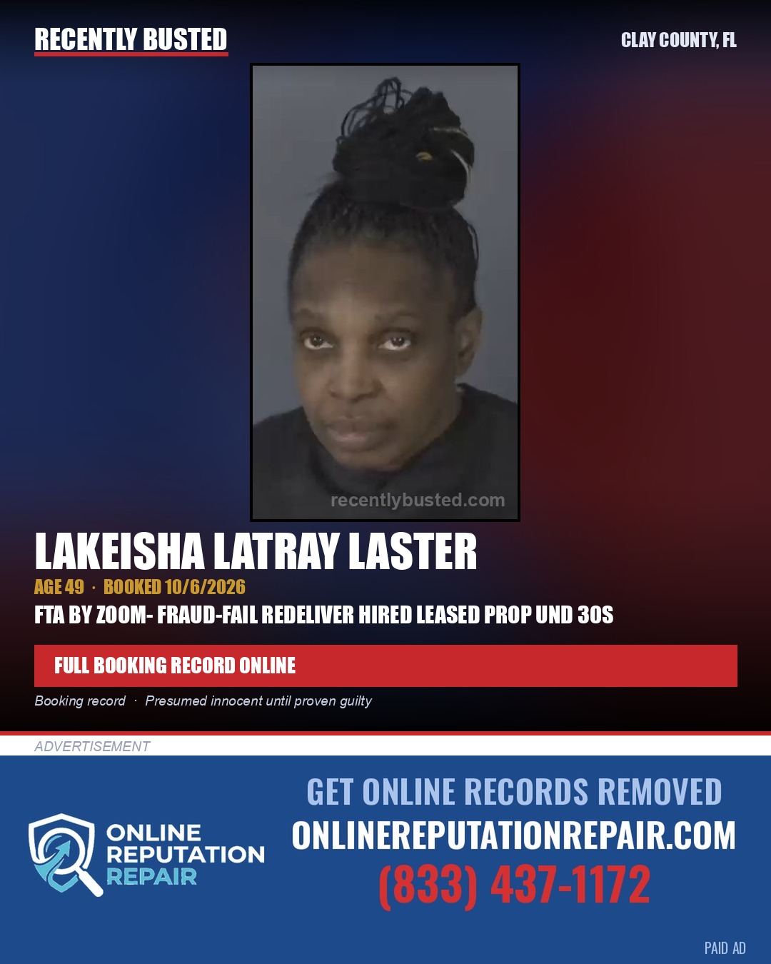 LAKEISHA LATRAY LASTER — arrest record card, Clay County, Florida