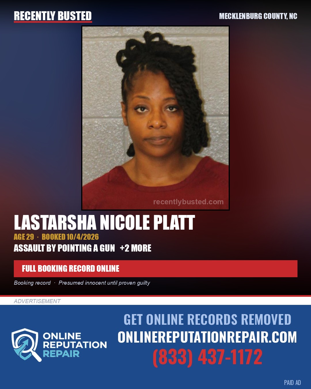 LASTARSHA NICOLE PLATT — arrest record card, Mecklenburg County, North Carolina