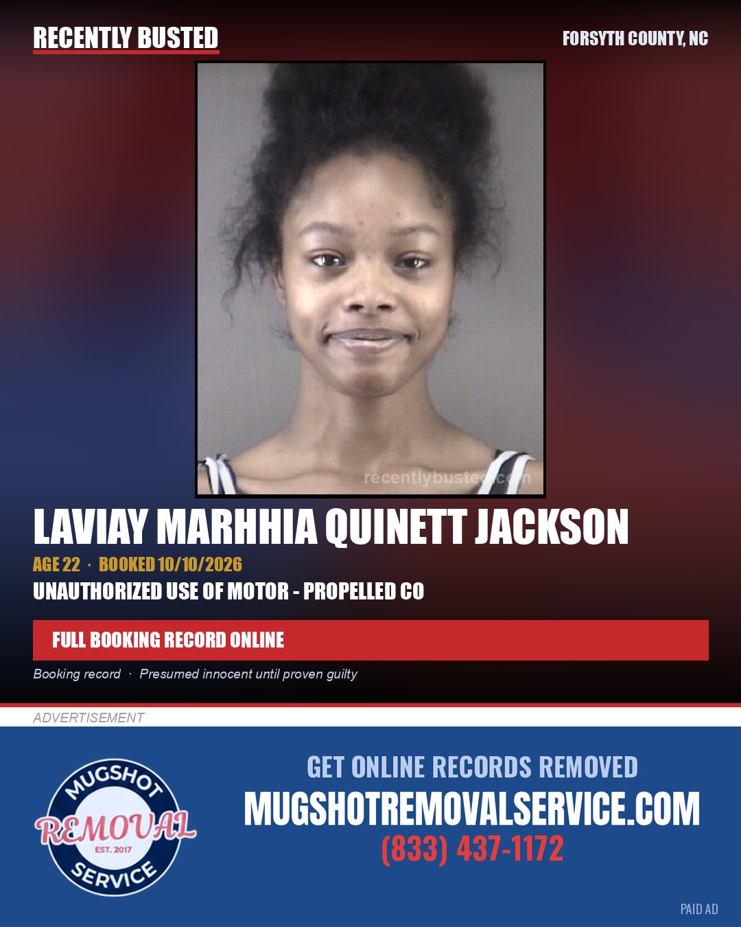 LAVIAY MARHHIA QUINETT JACKSON — arrest record card, Forsyth County, North Carolina