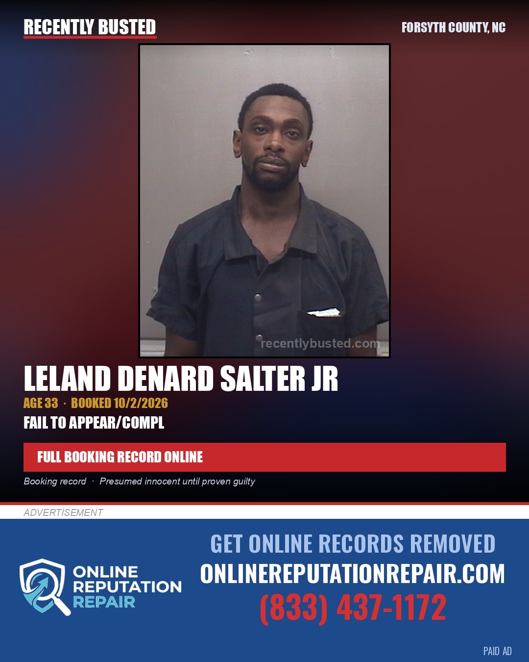 LELAND DENARD SALTER JR — arrest record card, Forsyth County, North Carolina