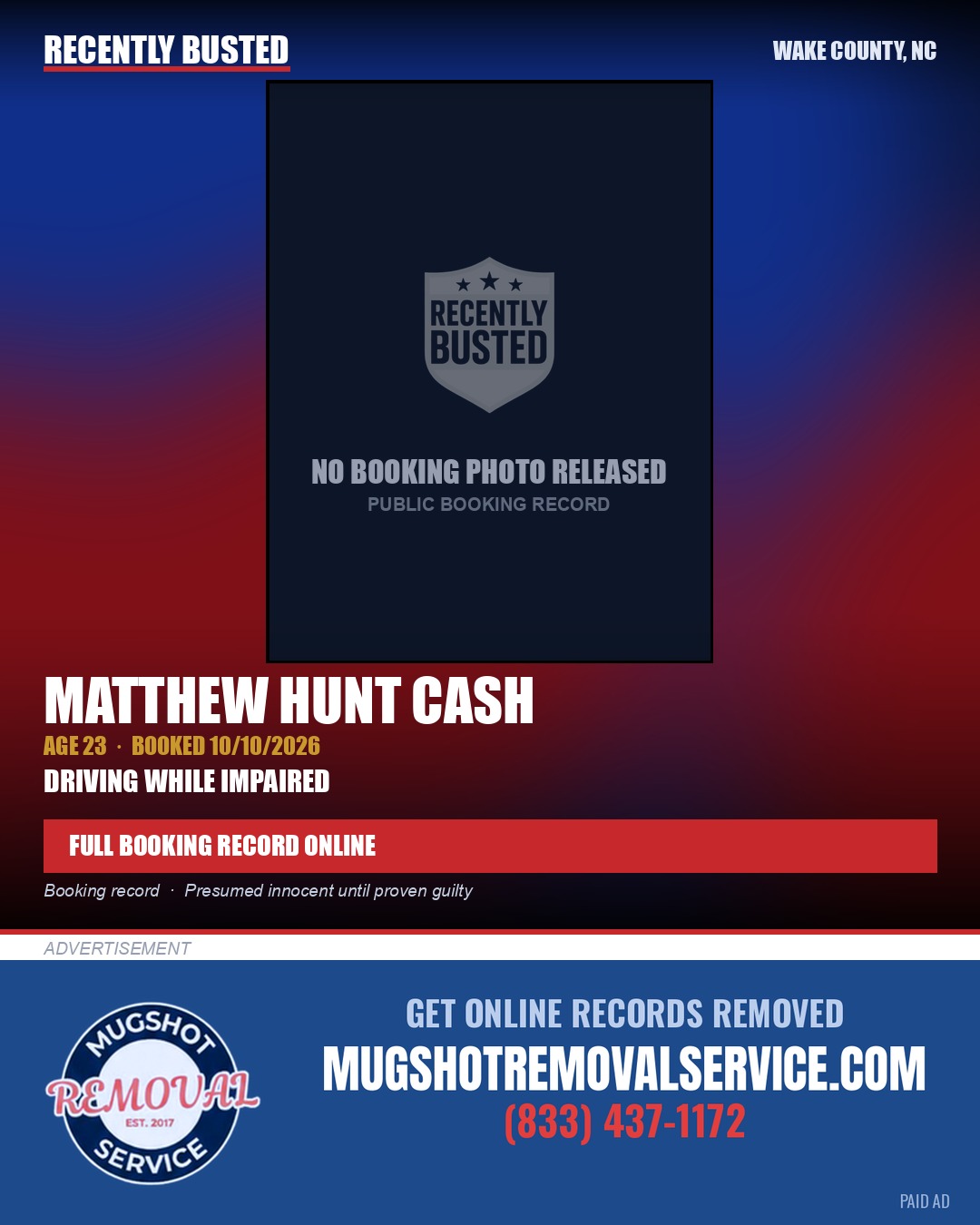 MATTHEW HUNT CASH — arrest record card, Wake County, North Carolina