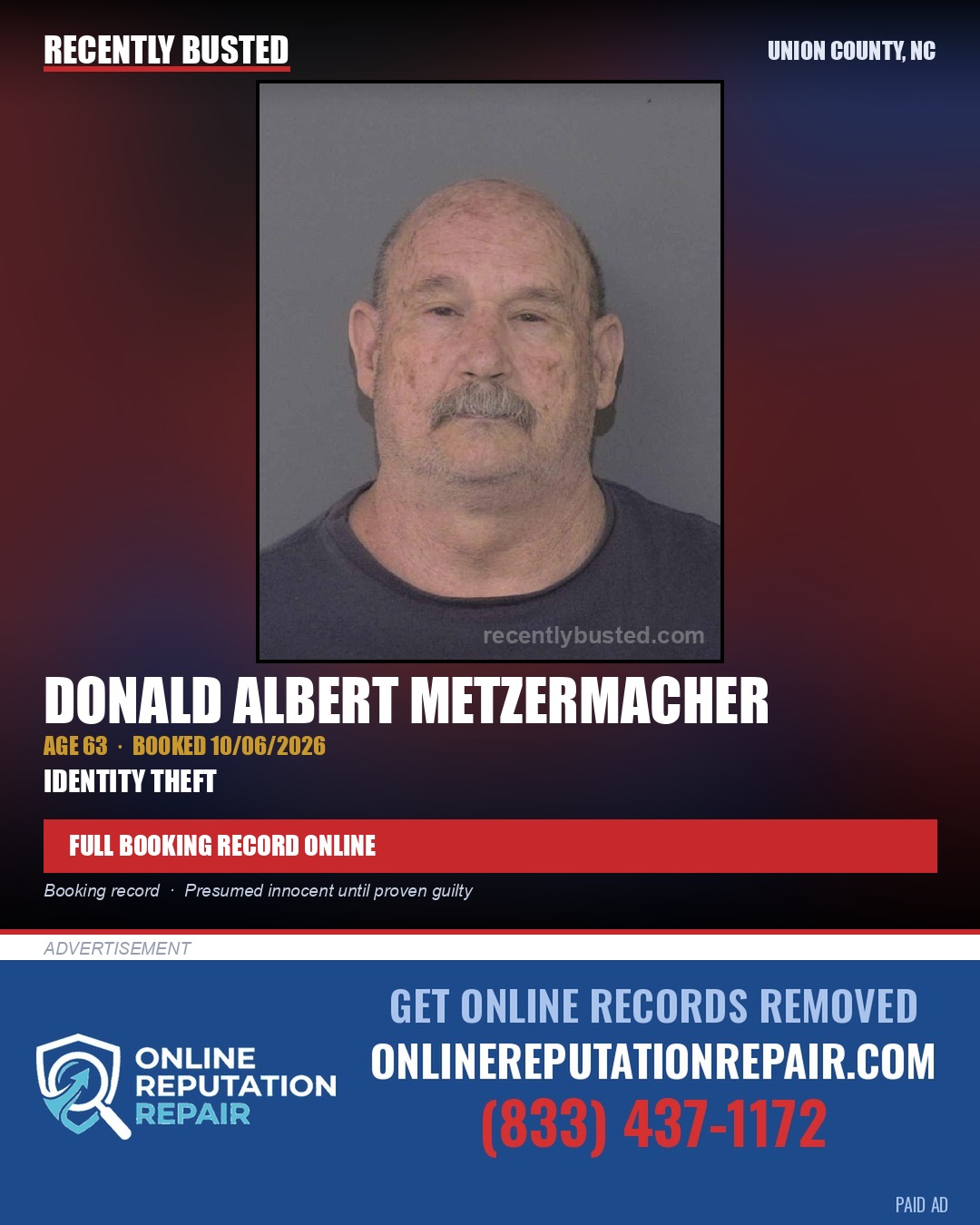 METZERMACHER, DONALD ALBERT — arrest record card, Union County, North Carolina