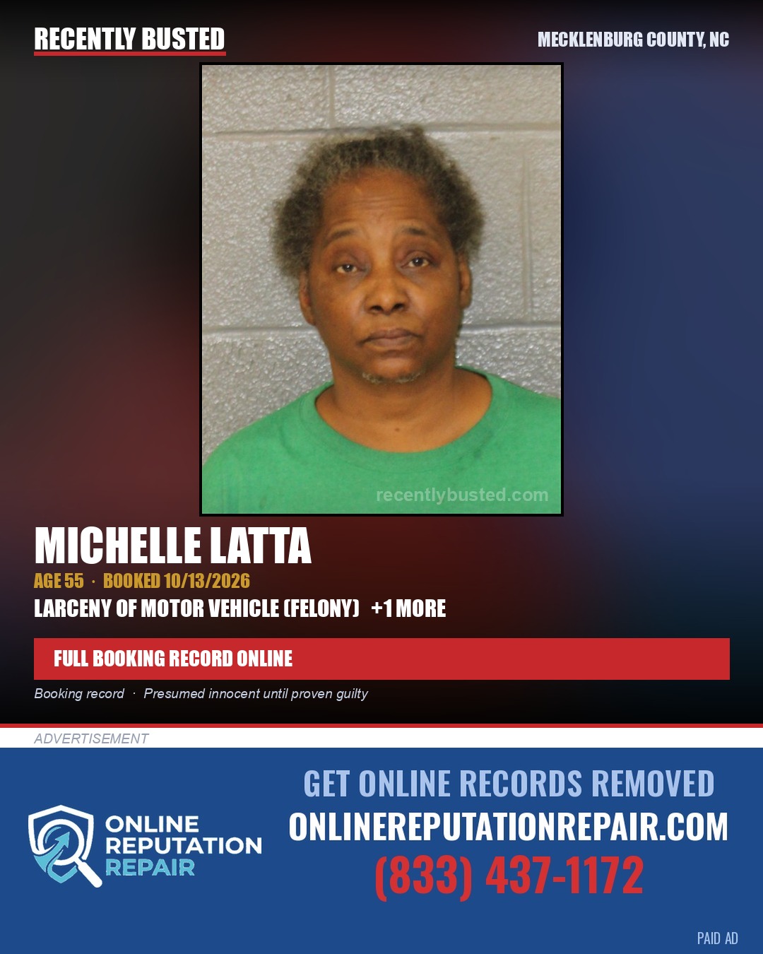 MICHELLE LATTA — arrest record card, Mecklenburg County, North Carolina