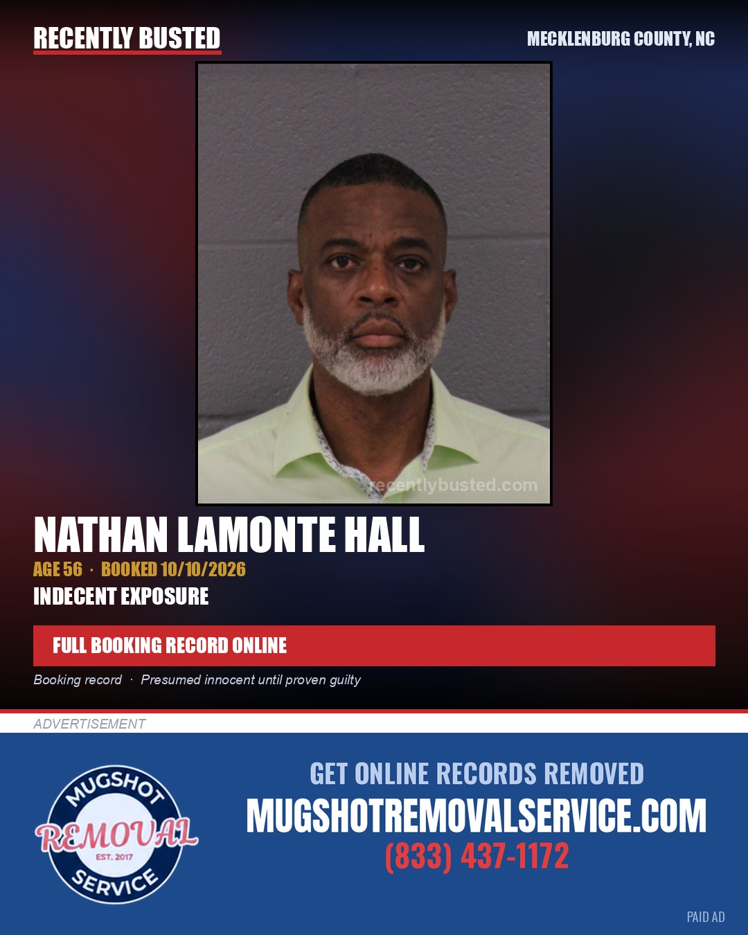 NATHAN LAMONTE HALL — arrest record card, Mecklenburg County, North Carolina