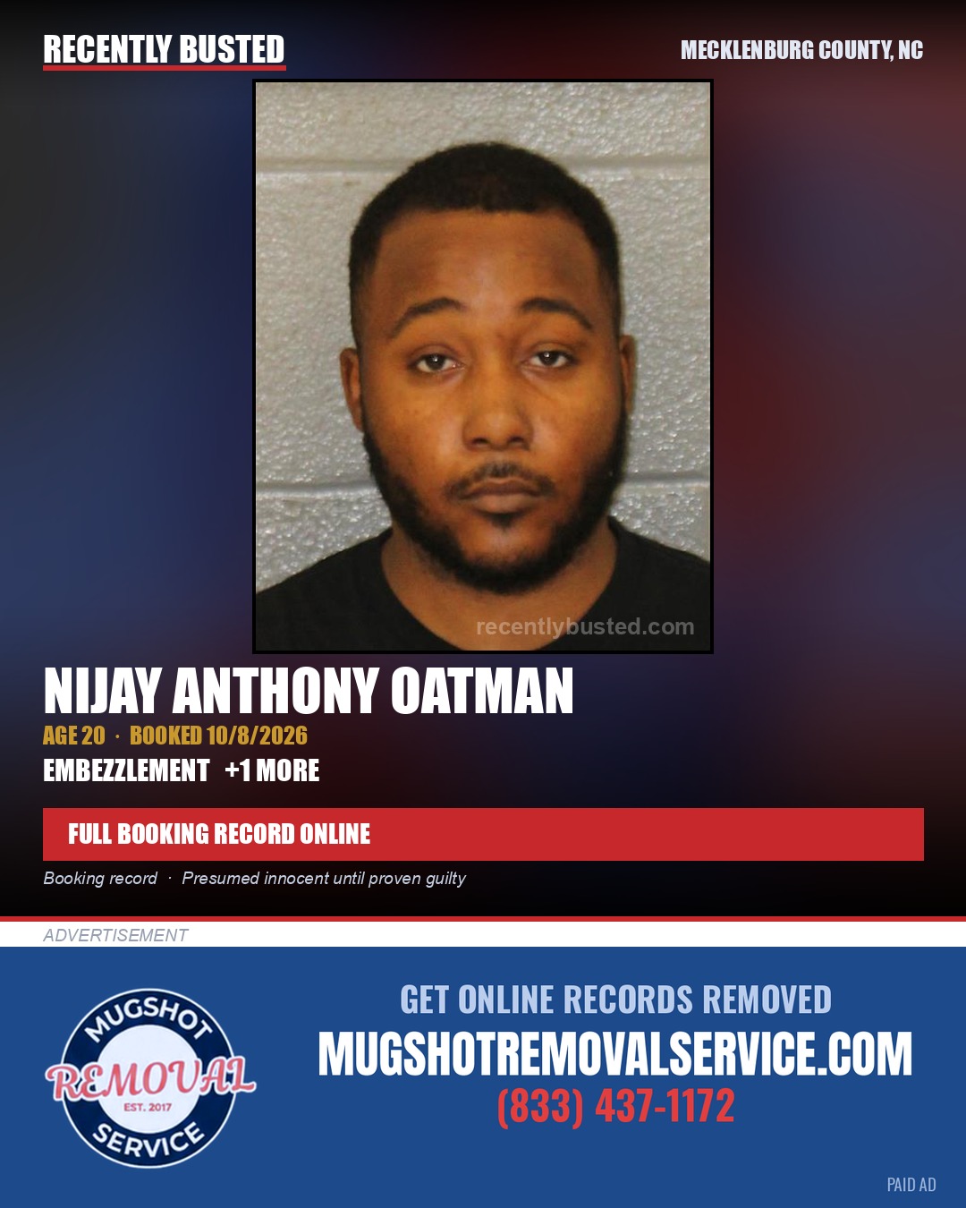 NIJAY ANTHONY OATMAN — arrest record card, Mecklenburg County, North Carolina