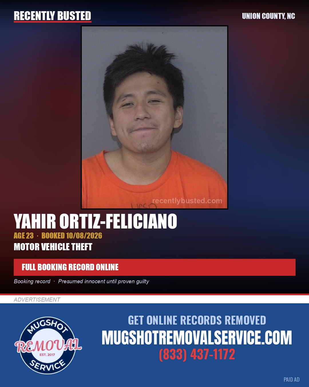 ORTIZ-FELICIANO, YAHIR — arrest record card, Union County, North Carolina