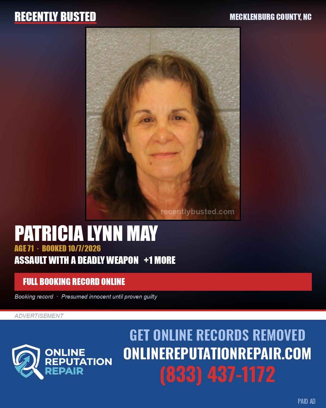PATRICIA LYNN MAY — arrest record card, Mecklenburg County, North Carolina