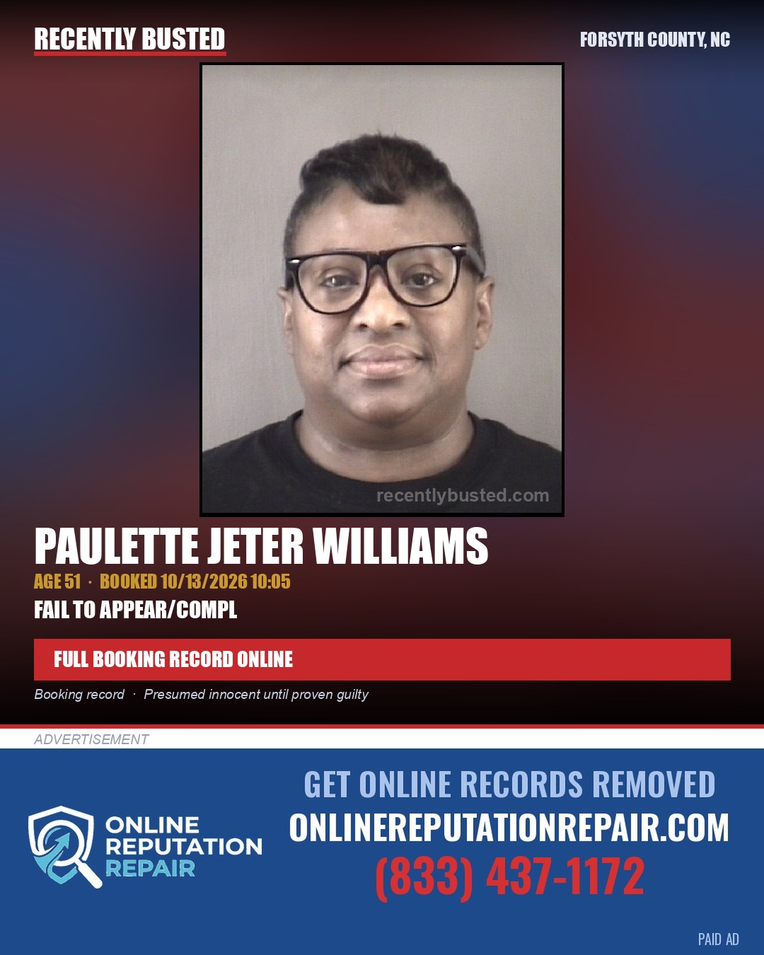 PAULETTE JETER WILLIAMS — arrest record card, Forsyth County, North Carolina
