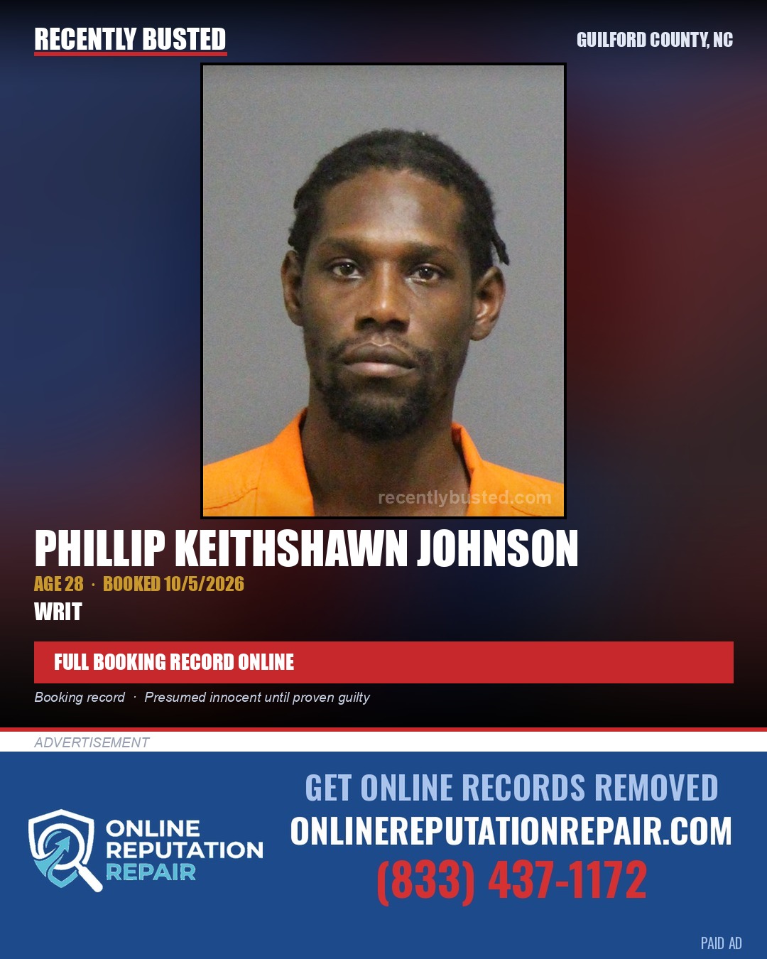 PHILLIP KEITHSHAWN JOHNSON — arrest record card, Guilford County, North Carolina