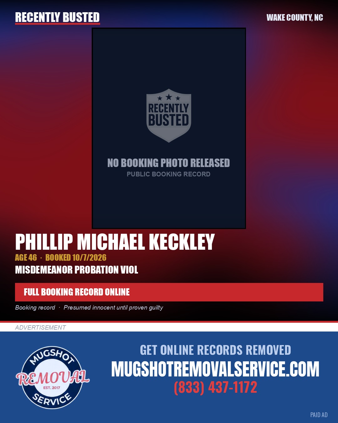 PHILLIP MICHAEL KECKLEY — arrest record card, Wake County, North Carolina
