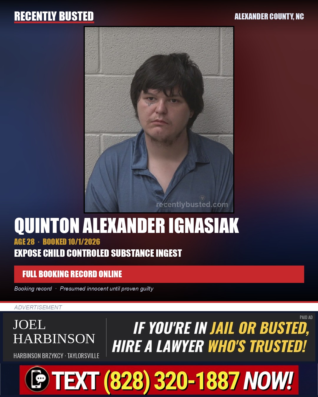 QUINTON ALEXANDER IGNASIAK — arrest record card, Alexander County, North Carolina