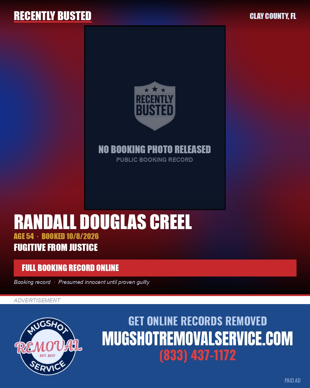 RANDALL DOUGLAS CREEL — arrest record card, Clay County, Florida
