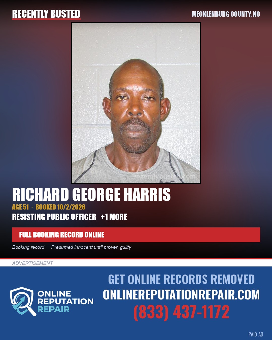 RICHARD GEORGE HARRIS — arrest record card, Mecklenburg County, North Carolina