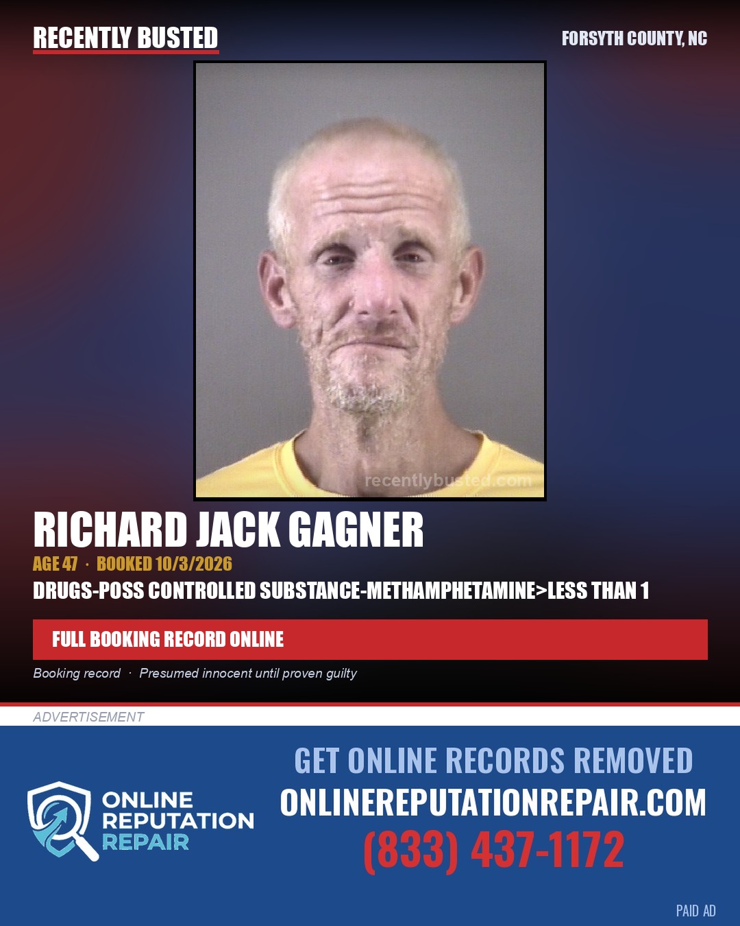RICHARD JACK GAGNER — arrest record card, Forsyth County, North Carolina