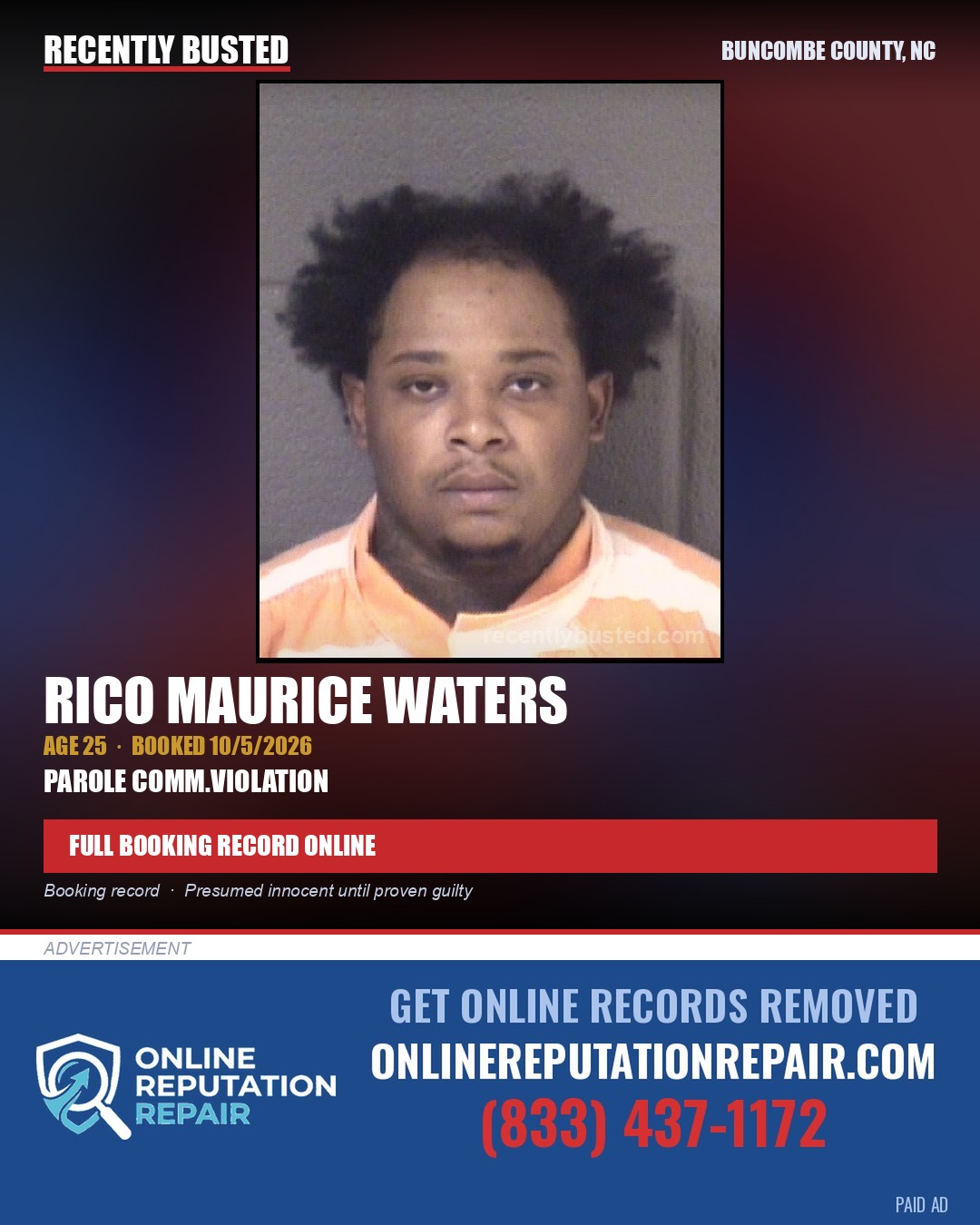 RICO MAURICE WATERS — arrest record card, Buncombe County, North Carolina