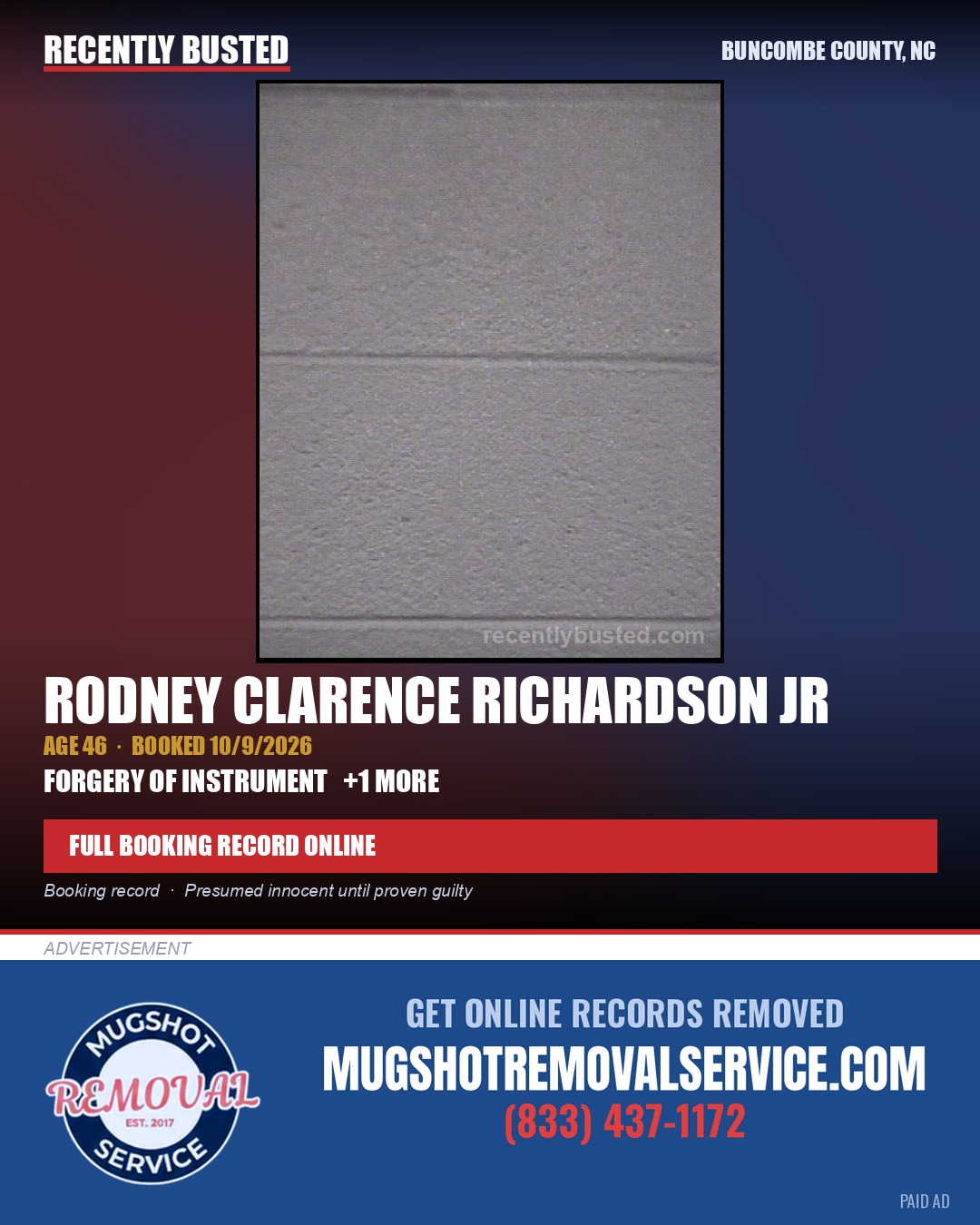 RODNEY CLARENCE RICHARDSON JR — arrest record card, Buncombe County, North Carolina