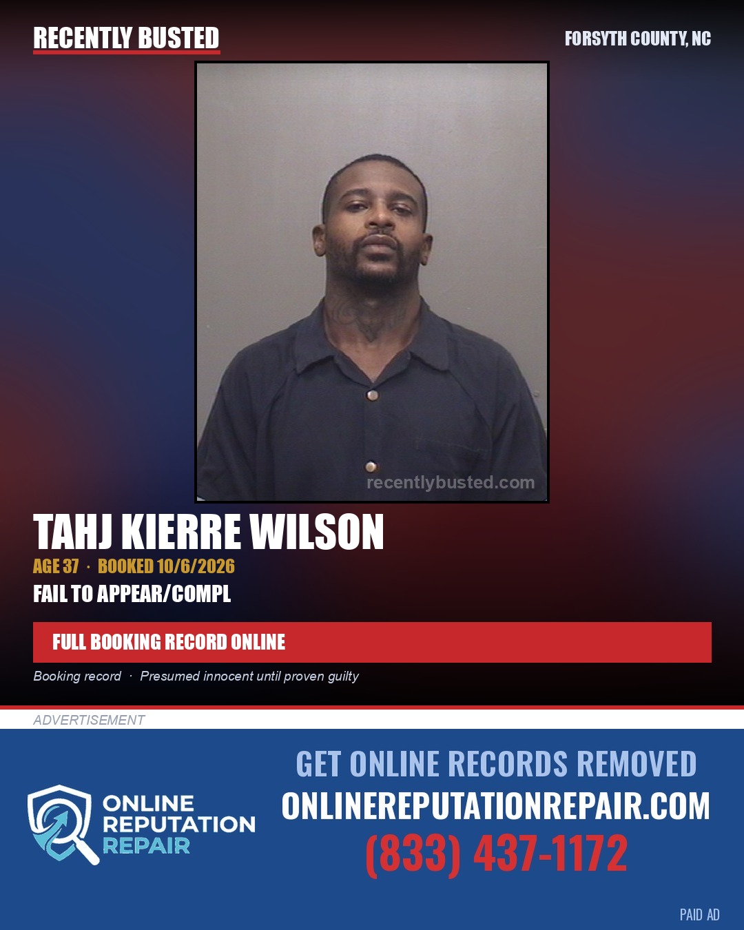 TAHJ KIERRE WILSON — arrest record card, Forsyth County, North Carolina