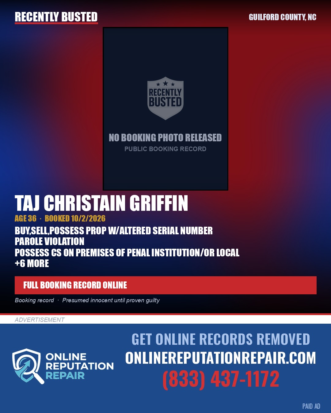TAJ CHRISTAIN GRIFFIN — arrest record card, Guilford County, North Carolina