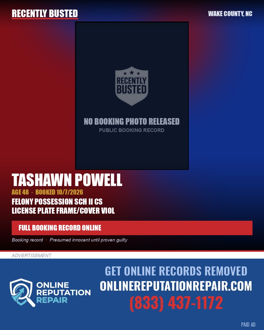 TASHAWN POWELL — arrest record card, Wake County, North Carolina