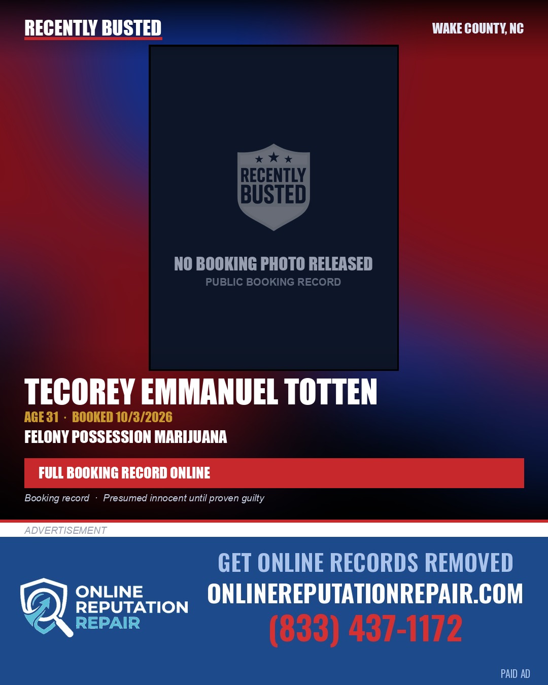 TECOREY EMMANUEL TOTTEN — arrest record card, Wake County, North Carolina