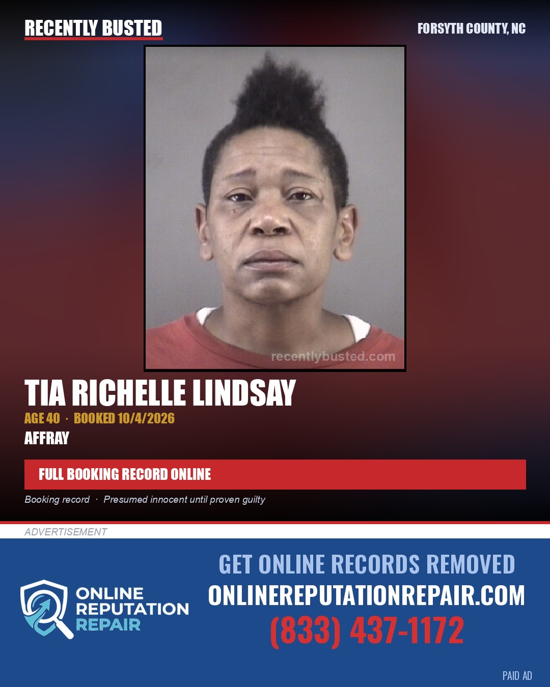 TIA RICHELLE LINDSAY — arrest record card, Forsyth County, North Carolina