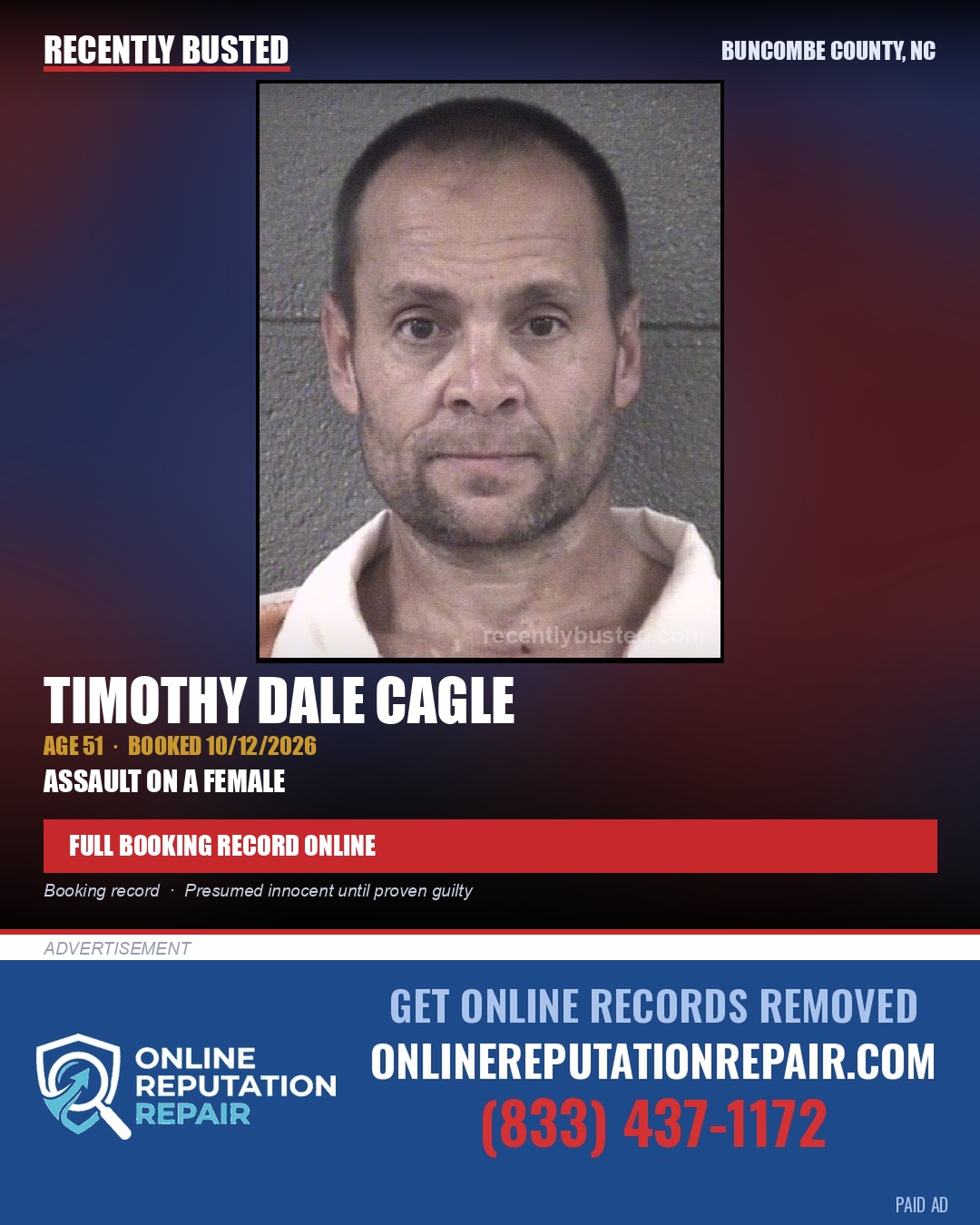 TIMOTHY DALE CAGLE — arrest record card, Buncombe County, North Carolina