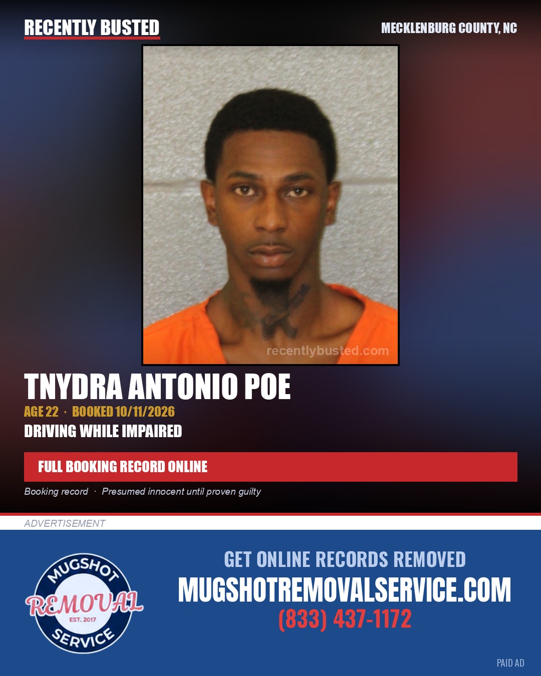 TNYDRA ANTONIO POE — arrest record card, Mecklenburg County, North Carolina