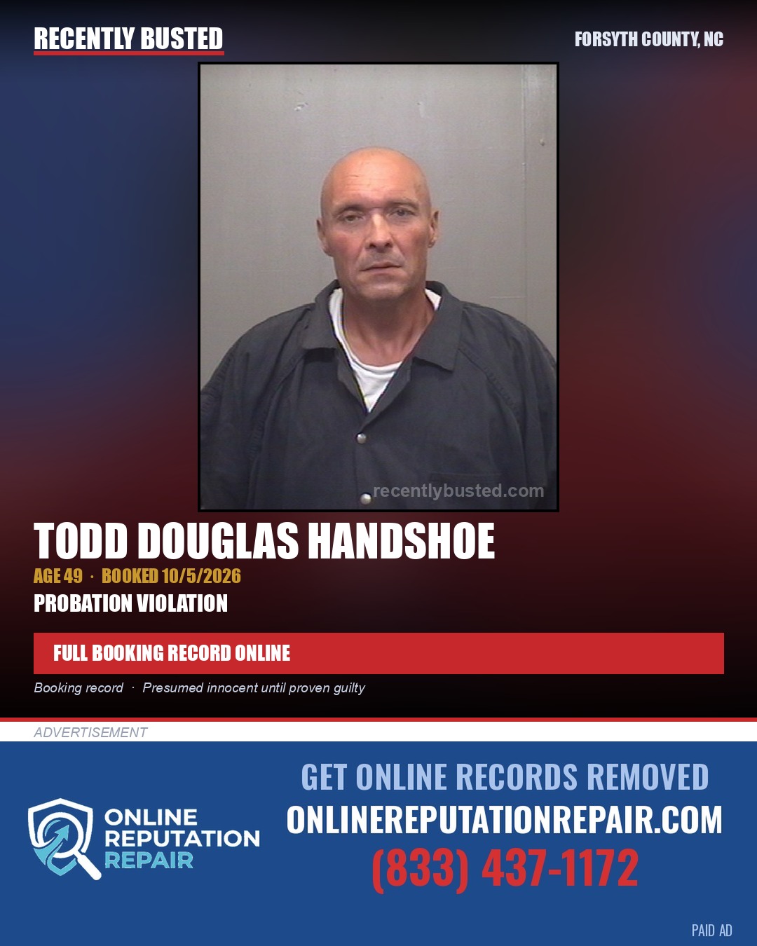 TODD DOUGLAS HANDSHOE — arrest record card, Forsyth County, North Carolina
