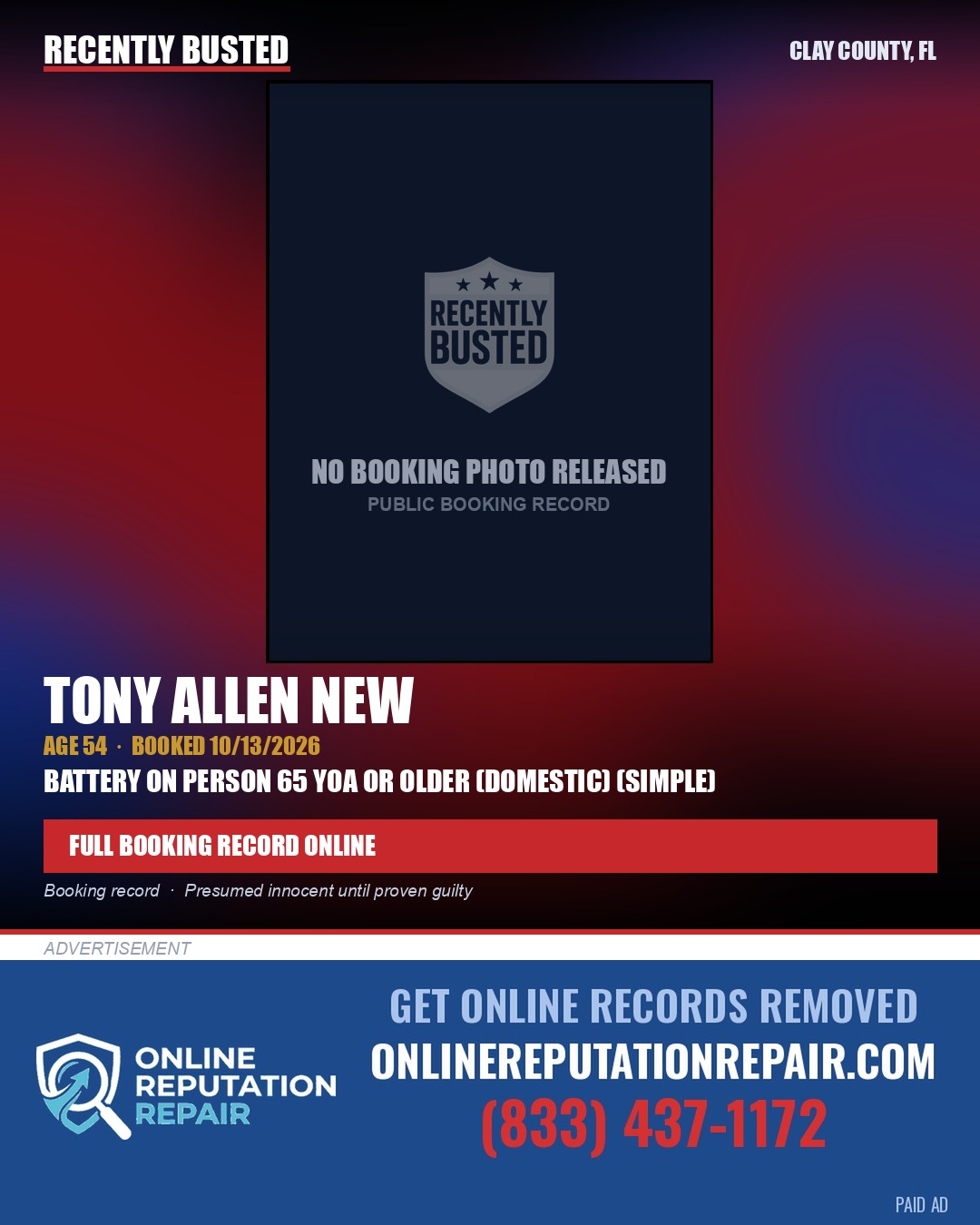 TONY ALLEN NEW — arrest record card, Clay County, Florida