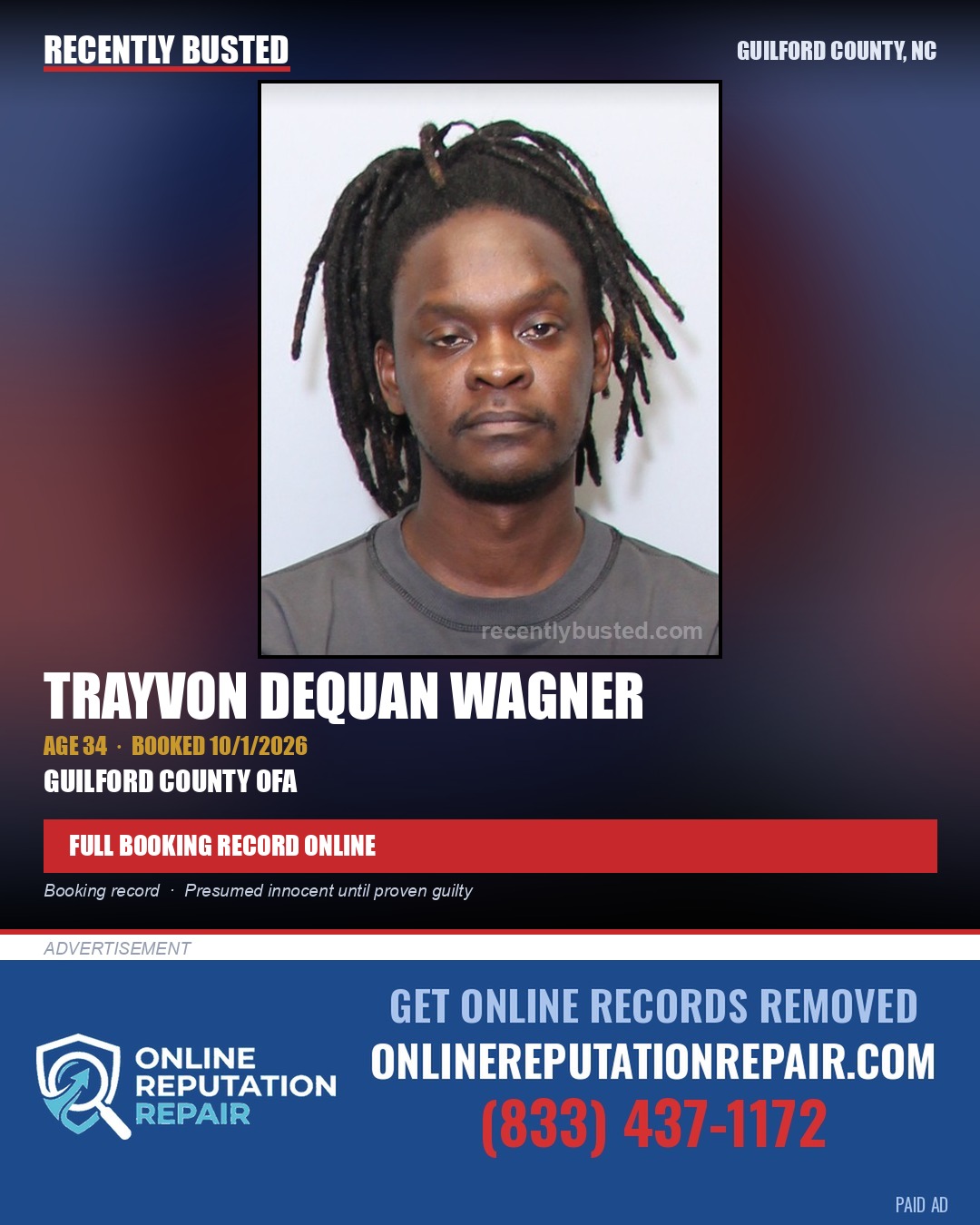 TRAYVON DEQUAN WAGNER — arrest record card, Guilford County, North Carolina