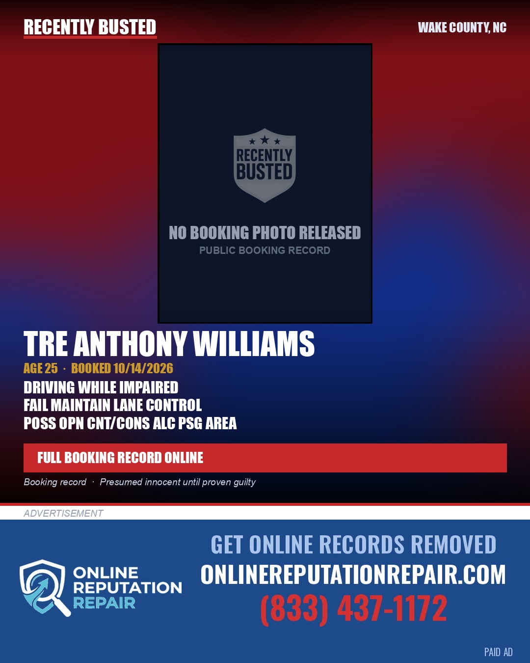 TRE ANTHONY WILLIAMS — arrest record card, Wake County, North Carolina