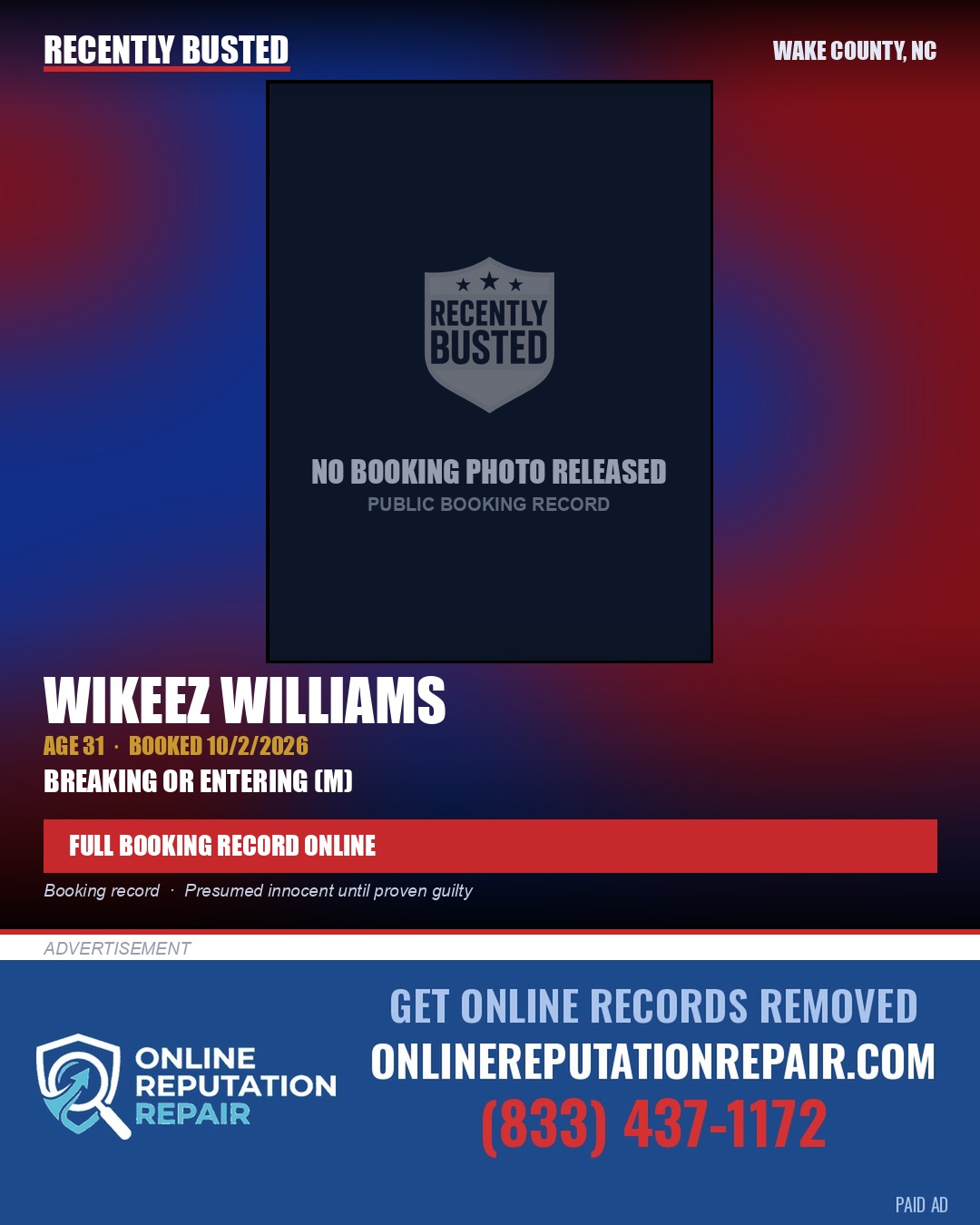 WIKEEZ WILLIAMS — arrest record card, Wake County, North Carolina