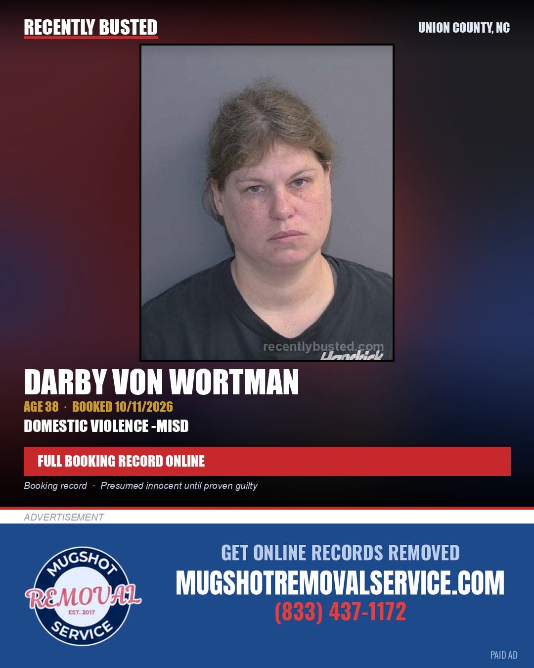 WORTMAN, DARBY VON — arrest record card, Union County, North Carolina
