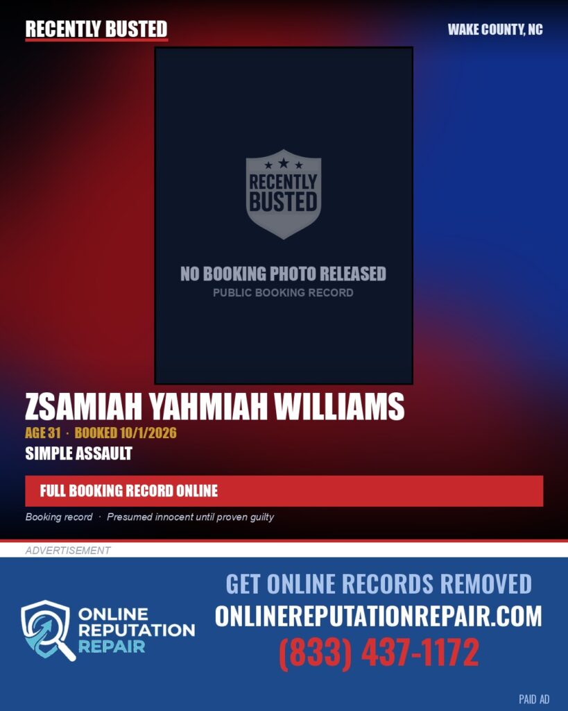 ZSAMIAH YAHMIAH WILLIAMS — arrest record card, Wake County, North Carolina