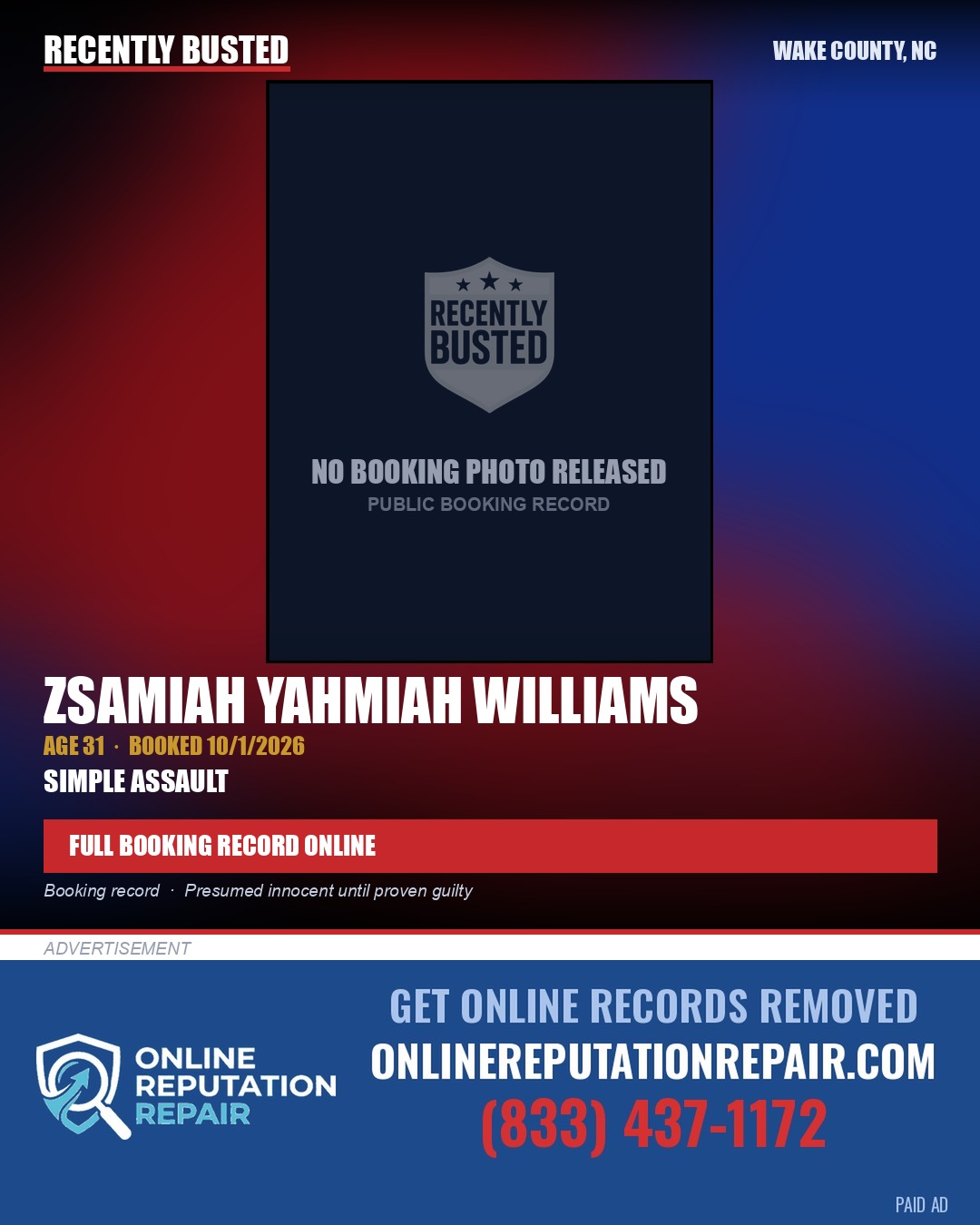 ZSAMIAH YAHMIAH WILLIAMS — arrest record card, Wake County, North Carolina