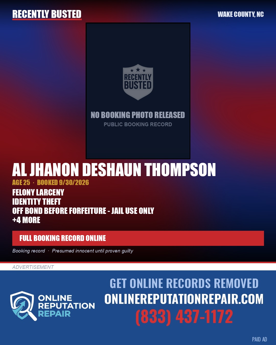 AL JHANON DESHAUN THOMPSON — arrest record card, Wake County, North Carolina