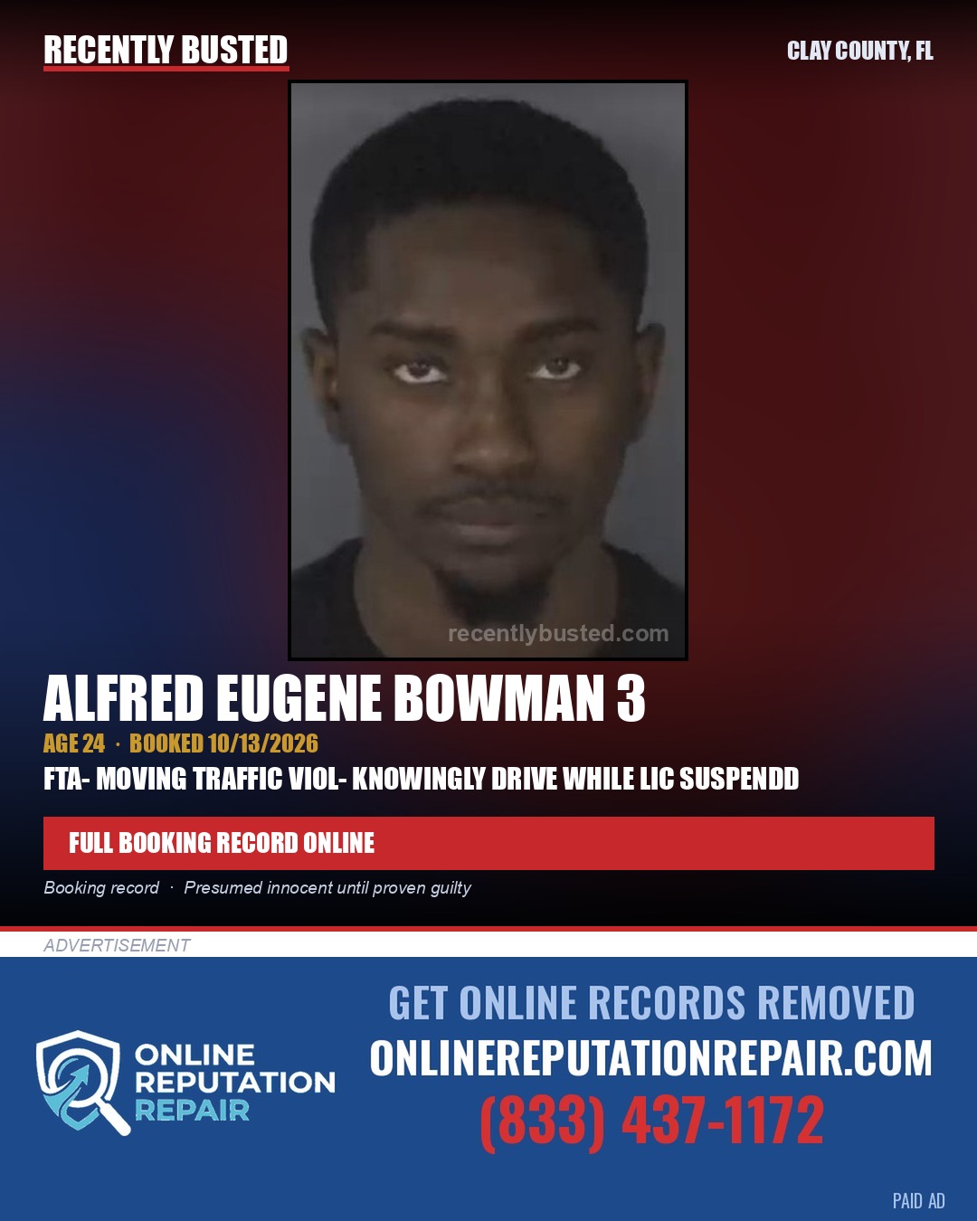 ALFRED EUGENE BOWMAN 3 — arrest record card, Clay County, Florida