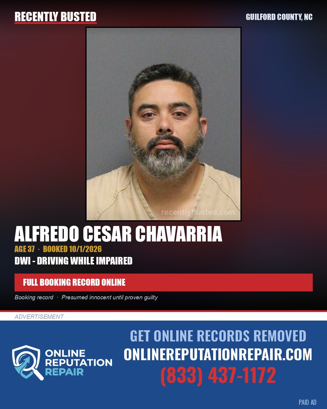 ALFREDO CESAR CHAVARRIA — arrest record card, Guilford County, North Carolina