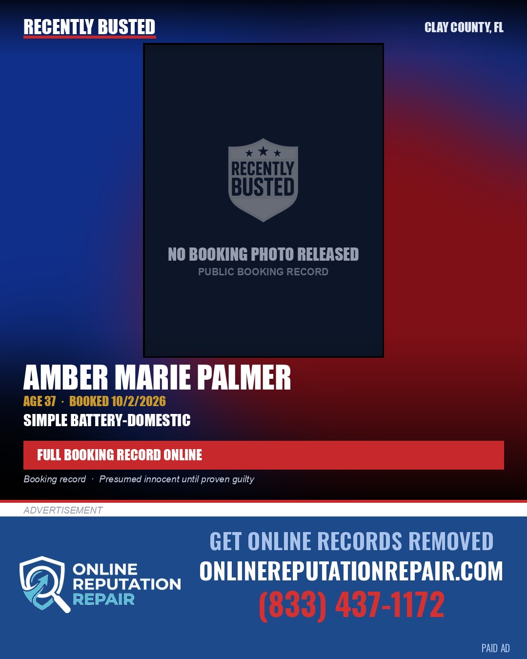 AMBER MARIE PALMER — arrest record card, Clay County, Florida