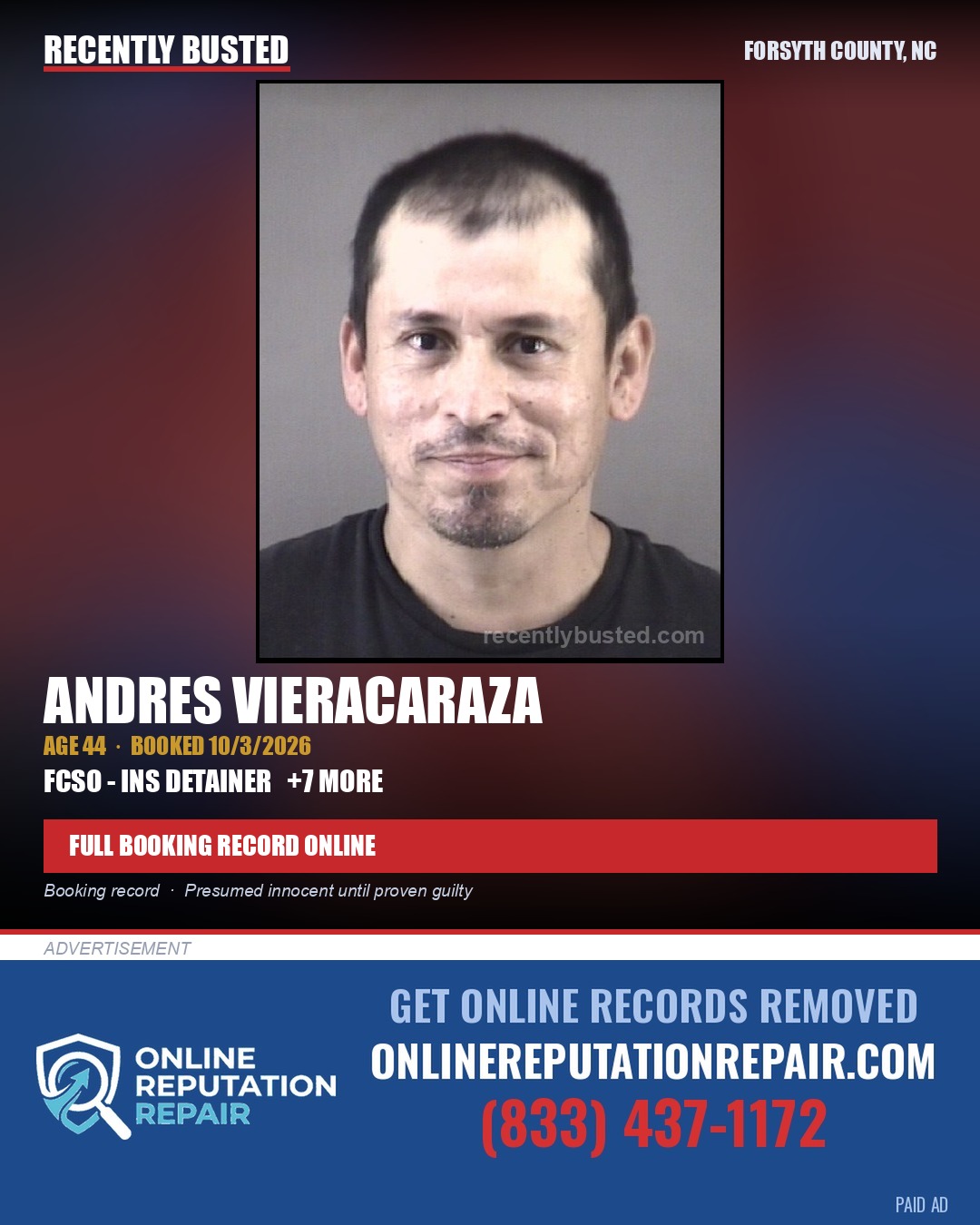 ANDRES VIERACARAZA — arrest record card, Forsyth County, North Carolina