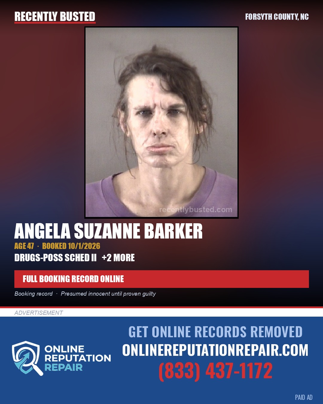 ANGELA SUZANNE BARKER — arrest record card, Forsyth County, North Carolina