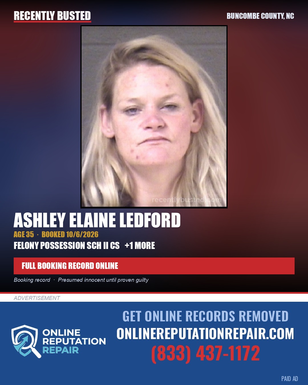 ASHLEY ELAINE LEDFORD — arrest record card, Buncombe County, North Carolina