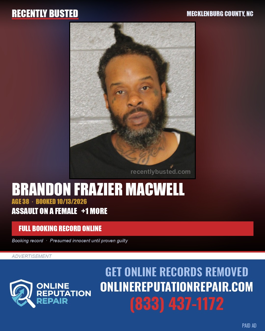 BRANDON FRAZIER MACWELL — arrest record card, Mecklenburg County, North Carolina