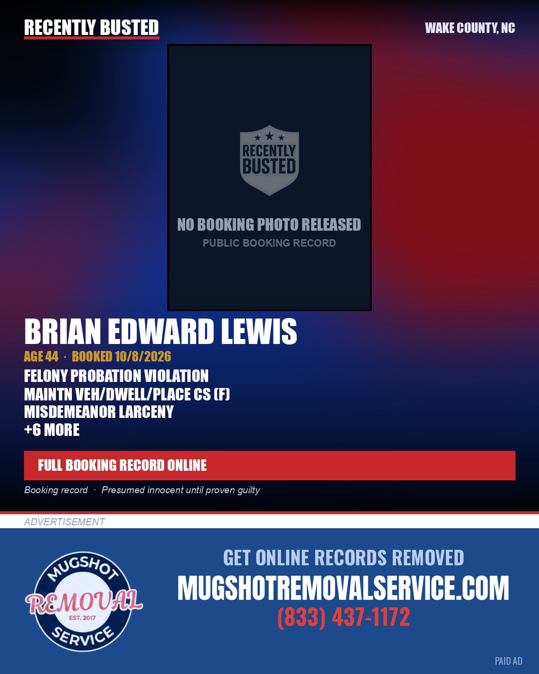 BRIAN EDWARD LEWIS — arrest record card, Wake County, North Carolina